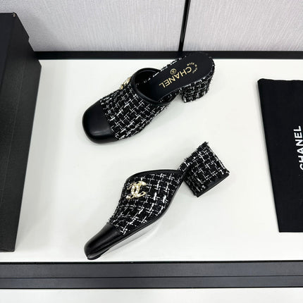 CC HIGH MULE IN BLACK MIX WHITE WOOL TWEED AND CALFSKIN