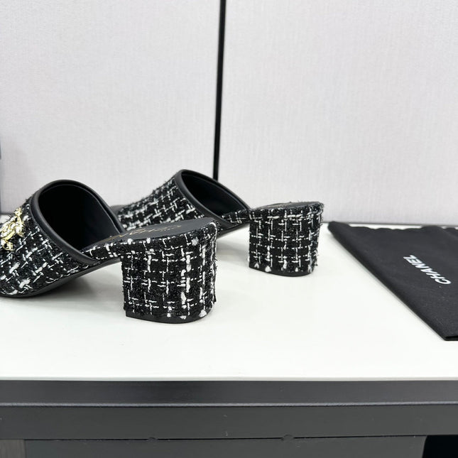 CC HIGH MULE IN BLACK MIX WHITE WOOL TWEED AND CALFSKIN