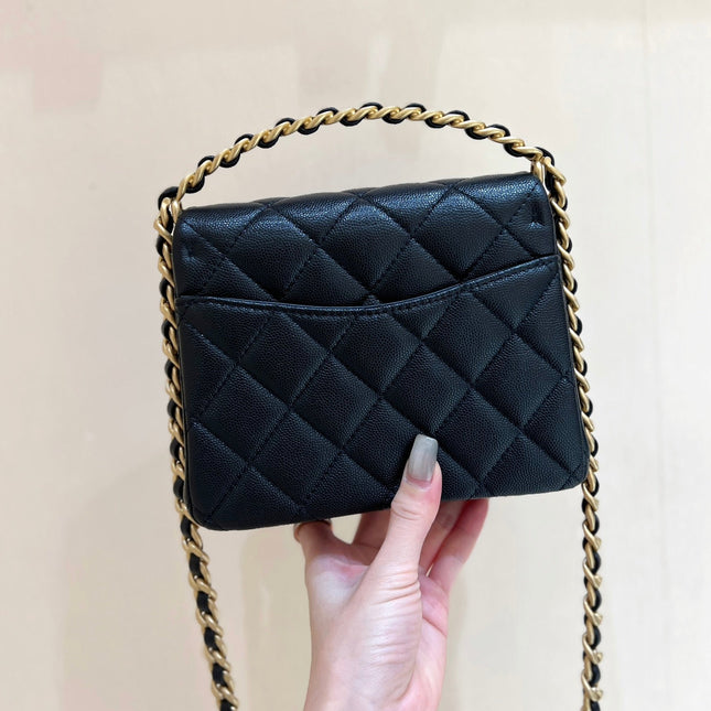 25S CHANEL TOTE CROSSBODY BAG 19 IN BLACK CALFSKIN WITH METAL HANDLE