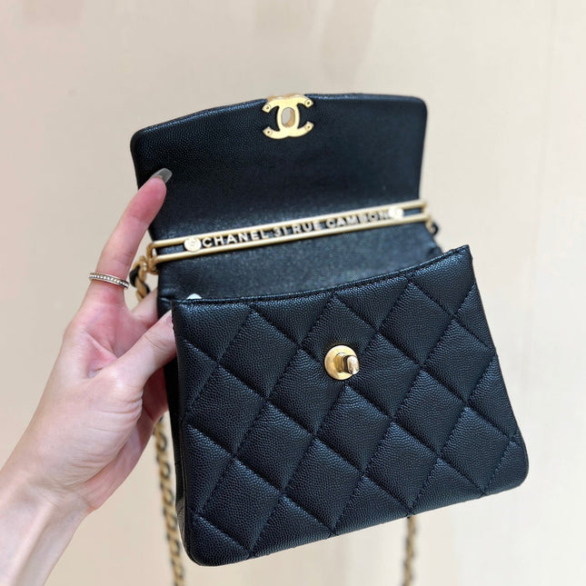 25S CHANEL TOTE CROSSBODY BAG 19 IN BLACK CALFSKIN WITH METAL HANDLE