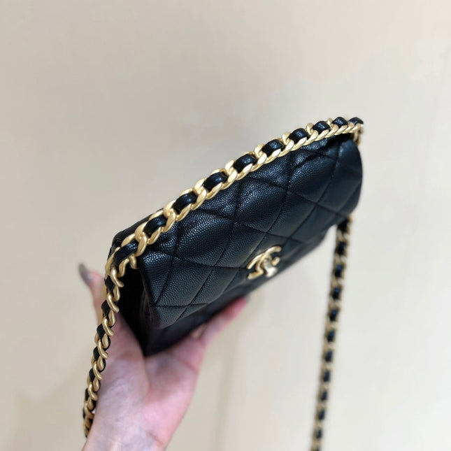 25S CHANEL TOTE CROSSBODY BAG 19 IN BLACK CALFSKIN WITH METAL HANDLE