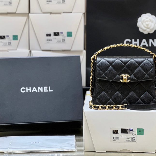 25S CHANEL TOTE CROSSBODY BAG 19 IN BLACK CALFSKIN WITH METAL HANDLE