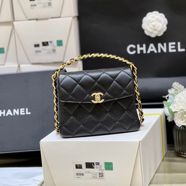 25S CHANEL TOTE CROSSBODY BAG 19 IN BLACK CALFSKIN WITH METAL HANDLE