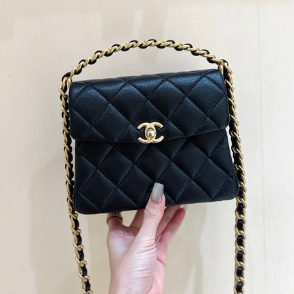 25S CHANEL TOTE CROSSBODY BAG 19 IN BLACK CALFSKIN WITH METAL HANDLE
