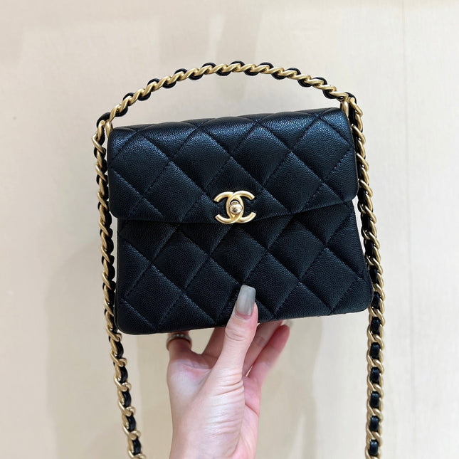 25S CHANEL TOTE CROSSBODY BAG 19 IN BLACK CALFSKIN WITH METAL HANDLE