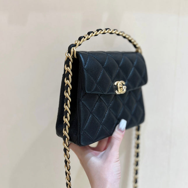25S CHANEL TOTE CROSSBODY BAG 19 IN BLACK CALFSKIN WITH METAL HANDLE