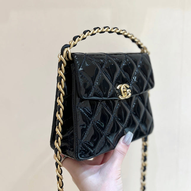 25S CHANEL TOTE CROSSBODY BAG 19 IN BLACK GLOSSY LEATHER WITH METAL HANDLE