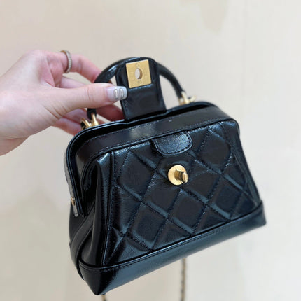 CHANEL TOP HANDLE BAG 18 IN BLACK OIL-WAX LAMBSKIN GOLD HARDWARE
