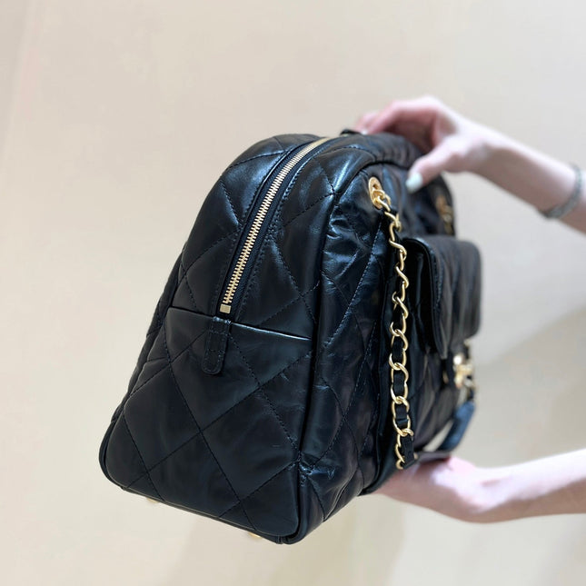 BOWLING BAG 44 IN BLACK SOFT LAMBSKIN GOLD HARDWARE