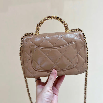 FLAP BAG WITH TOP HANDLE 19 IN BROWN LAMBSKIN GOLD HARDWARE