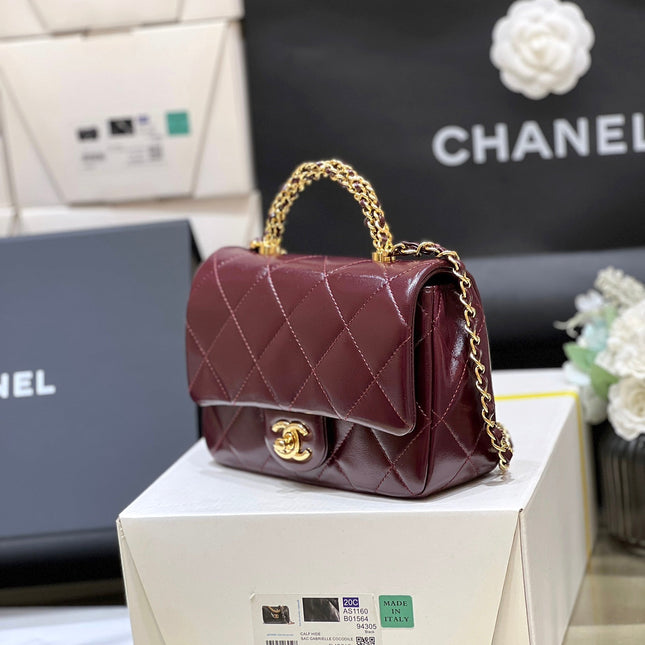 CHANEL TOP HANDLE 19 IN WINE RED LAMBSKIN GOLD HARDWARE