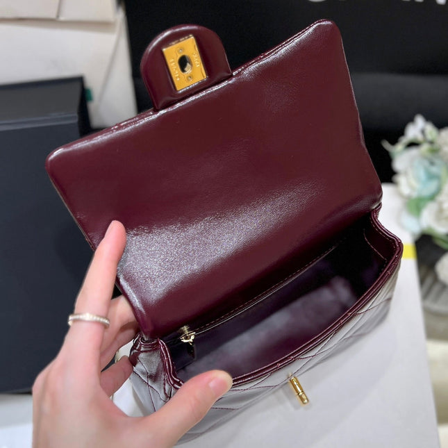 CHANEL TOP HANDLE 19 IN WINE RED LAMBSKIN GOLD HARDWARE