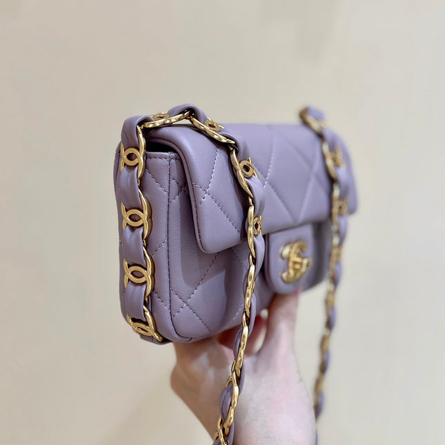 MINI FLAP BAG 16 IN BABY PURPLE LAMBSKIN GOLD DOUBLE C THICK CHAIN