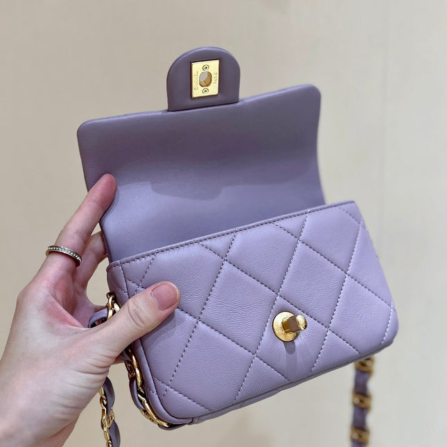 MINI FLAP BAG 16 IN BABY PURPLE LAMBSKIN GOLD DOUBLE C THICK CHAIN
