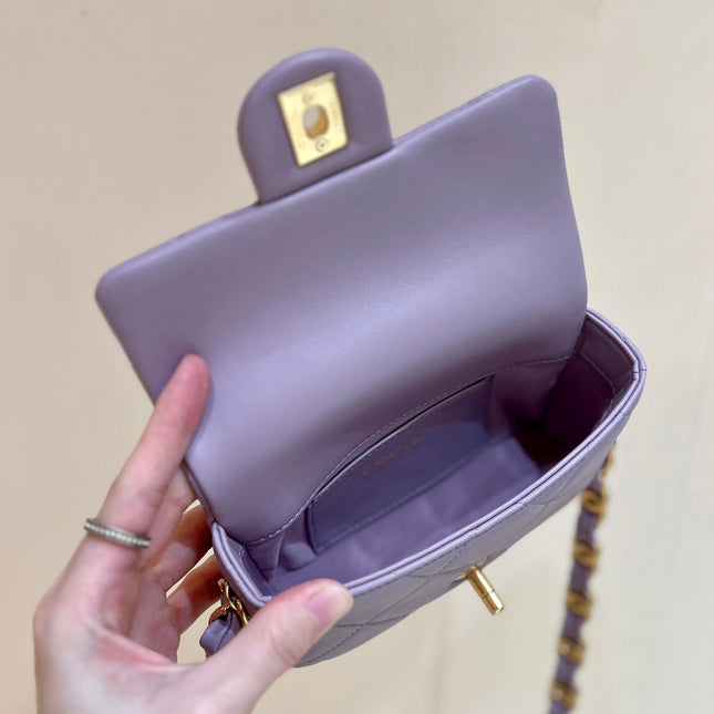 MINI FLAP BAG 16 IN BABY PURPLE LAMBSKIN GOLD DOUBLE C THICK CHAIN