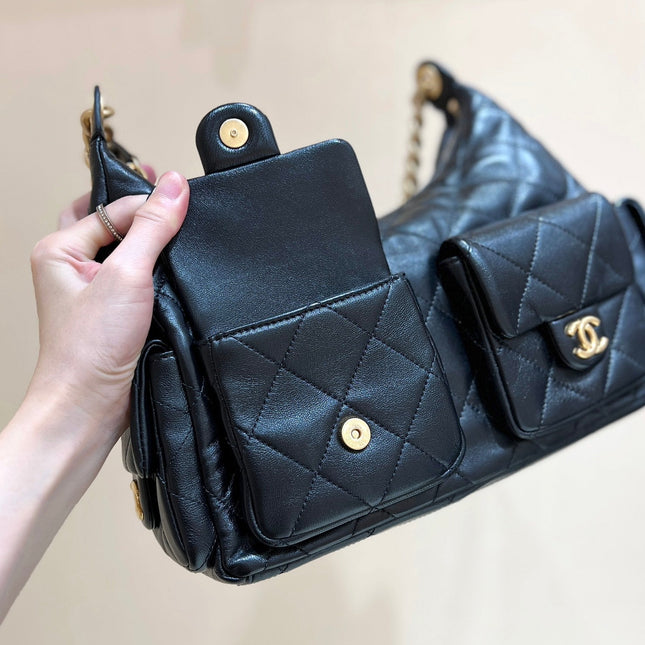 CHANEL QUILTED HOBO CARGO BAG 35 IN BLACK CALFSKIN GOLD CHAIN