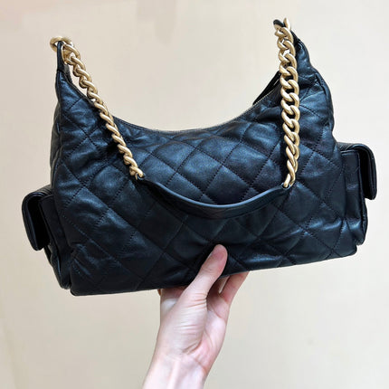 CHANEL QUILTED HOBO CARGO BAG 35 IN BLACK CALFSKIN GOLD CHAIN