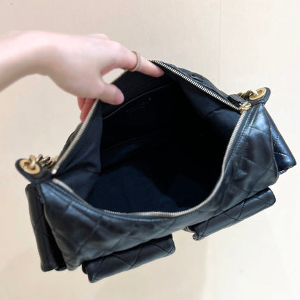 CHANEL QUILTED HOBO CARGO BAG 35 IN BLACK CALFSKIN GOLD CHAIN