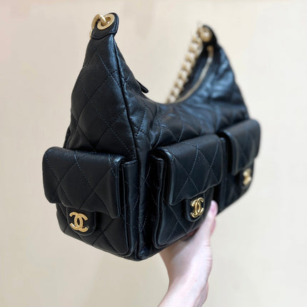 CHANEL QUILTED HOBO CARGO BAG 35 IN BLACK CALFSKIN GOLD CHAIN