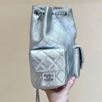 DRAWSTRING BUCKET BACKPACK 24 IN SILVER-TONE LAMBSKIN SILVER HARDWARE