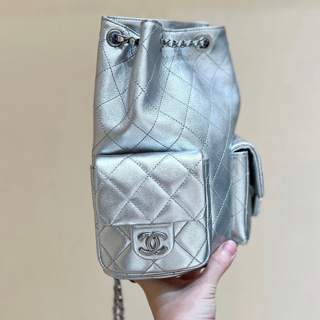 DRAWSTRING BUCKET BACKPACK 24 IN SILVER-TONE LAMBSKIN SILVER HARDWARE