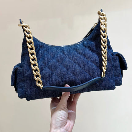 CHANEL 25S LARGE HOBO BAG 35 IN DARK BLUE DENIM GOLD HARDWARE