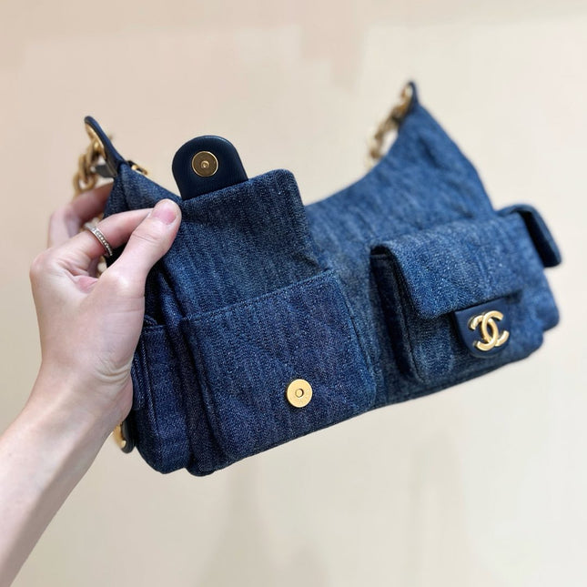 CHANEL 25S LARGE HOBO BAG 35 IN DARK BLUE DENIM GOLD HARDWARE