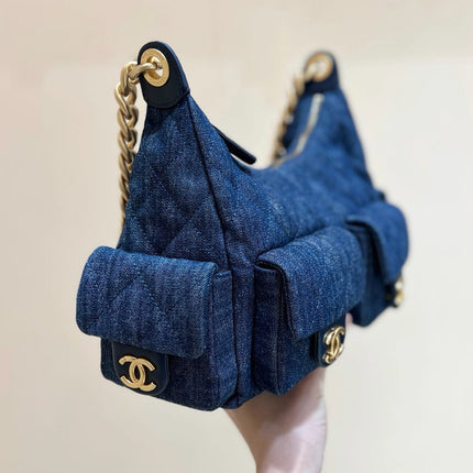 CHANEL 25S LARGE HOBO BAG 35 IN DARK BLUE DENIM GOLD HARDWARE