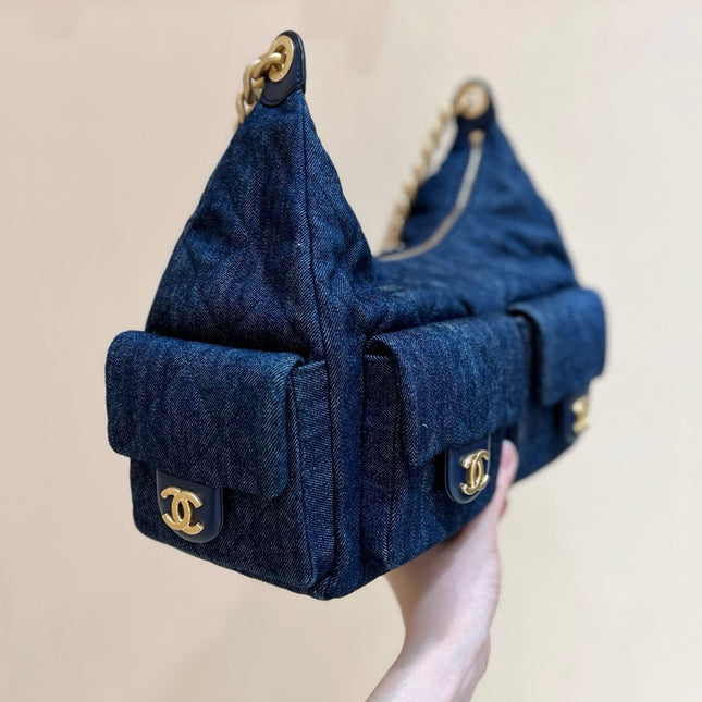 CHANEL 25S MEDIUM HOBO BAG 31 IN DARK BLUE DENIM GOLD HARDWARE