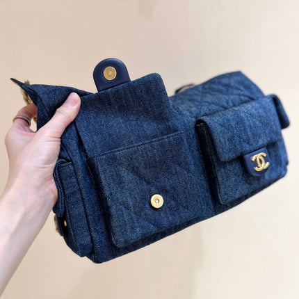 CHANEL 25S MEDIUM HOBO BAG 31 IN DARK BLUE DENIM GOLD HARDWARE