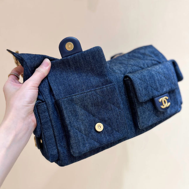 CHANEL 25S MEDIUM HOBO BAG 31 IN DARK BLUE DENIM GOLD HARDWARE
