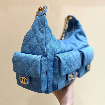 CHANEL 25S LARGE HOBO BAG 35 IN LIGHT BLUE DENIM GOLD HARDWARE