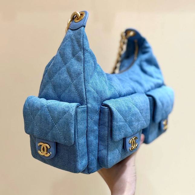 CHANEL 25S LARGE HOBO BAG 35 IN LIGHT BLUE DENIM GOLD HARDWARE