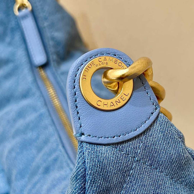 CHANEL 25S LARGE HOBO BAG 35 IN LIGHT BLUE DENIM GOLD HARDWARE