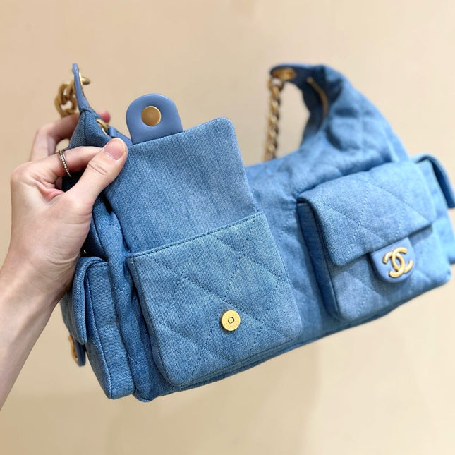 CHANEL 25S LARGE HOBO BAG 35 IN LIGHT BLUE DENIM GOLD HARDWARE