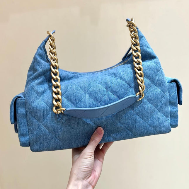 CHANEL 25S LARGE HOBO BAG 35 IN LIGHT BLUE DENIM GOLD HARDWARE