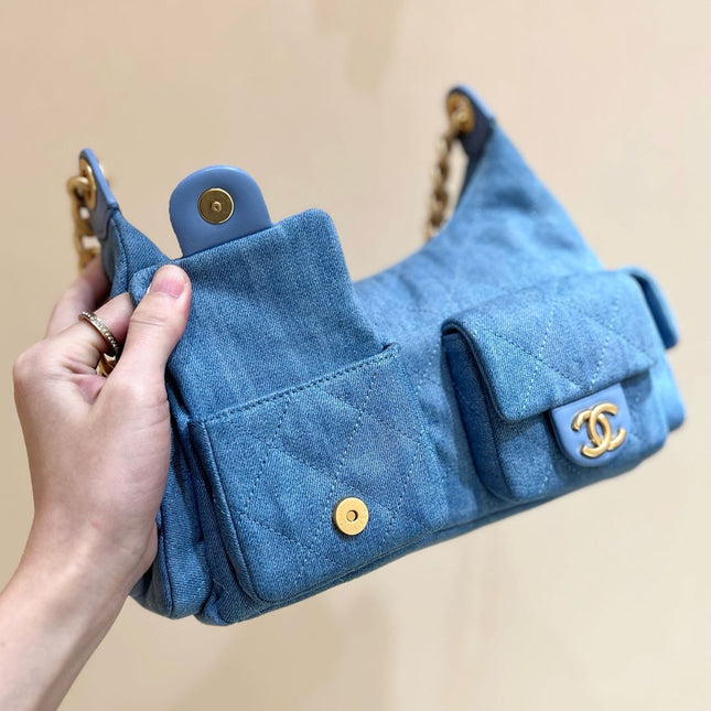 CHANEL 25S MEDIUM HOBO BAG 31 IN LIGHT BLUE DENIM GOLD HARDWARE