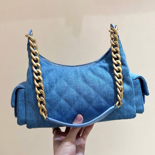 CHANEL 25S MEDIUM HOBO BAG 31 IN LIGHT BLUE DENIM GOLD HARDWARE