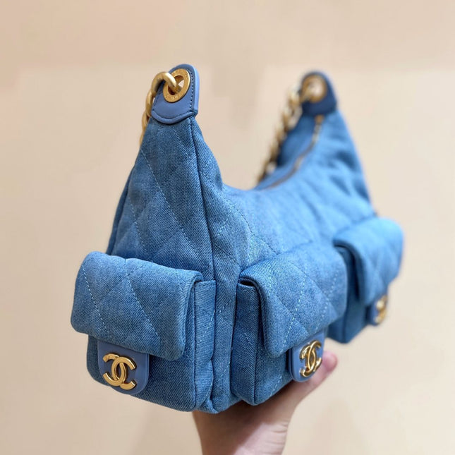 CHANEL 25S MEDIUM HOBO BAG 31 IN LIGHT BLUE DENIM GOLD HARDWARE