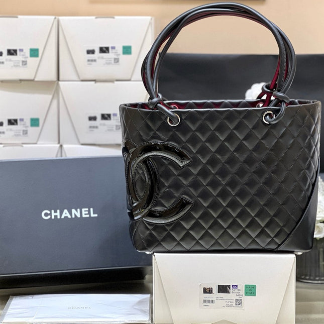 CHANEL 25S CAMBON LIGNE TOTE BAG 30 IN BLACK LAMBSKIN