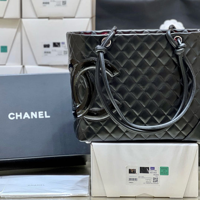 CHANEL 25S CAMBON LIGNE TOTE BAG 30 IN BLACK LAMBSKIN