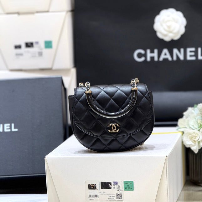 QUILTED TOP HANDLE BAG 16 IN BLACK LAMBSKIN GOLD HARDWARE