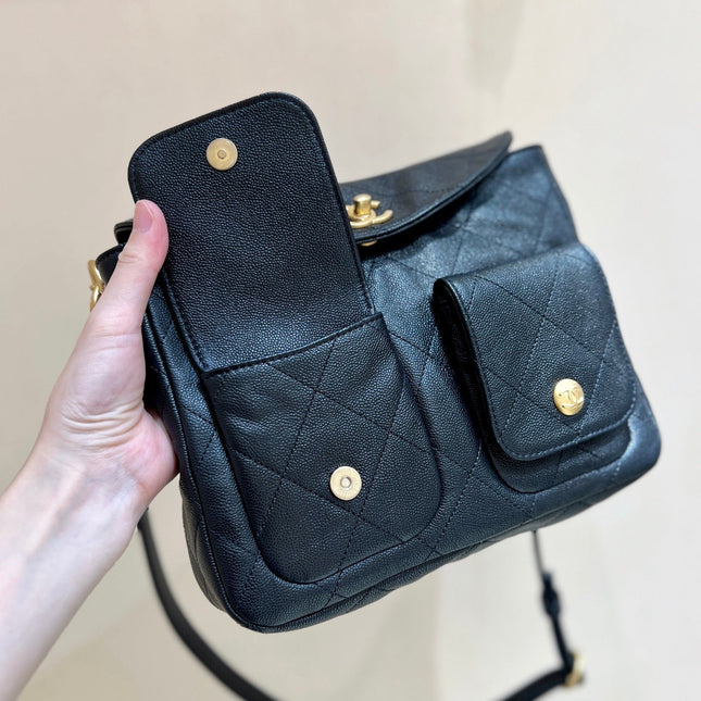CHANEL 25S HOBO BAG 24 IN BLACK HAAS SOFT COWHIDE FABRIC