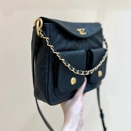 CHANEL 25S HOBO BAG 24 IN BLACK HAAS SOFT COWHIDE FABRIC
