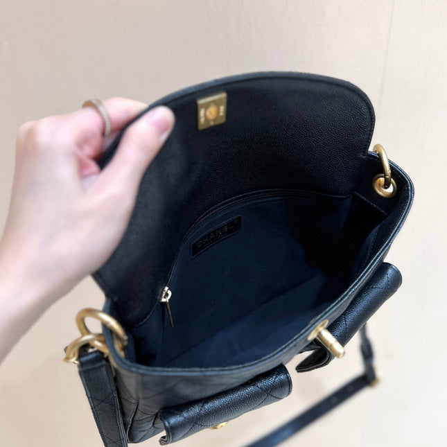 CHANEL 25S HOBO BAG 24 IN BLACK HAAS SOFT COWHIDE FABRIC