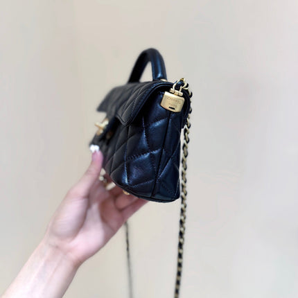 QUILTED FLAP BAG WITH HANDLE 20 IN BLACK LAMBSKIN GOLD PLATED METAL