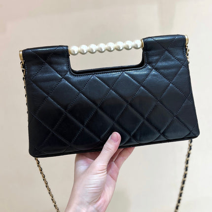 PEARL TOP HANDLE BAG 25 IN BLACK LAMBSKIN GOLD HARDWARE