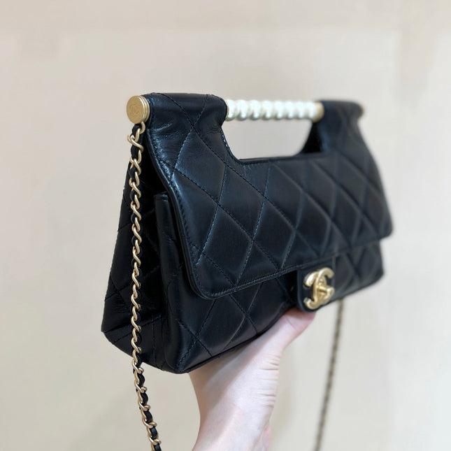 PEARL TOP HANDLE BAG 25 IN BLACK LAMBSKIN GOLD HARDWARE