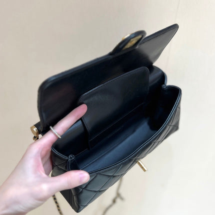PEARL TOP HANDLE BAG 25 IN BLACK LAMBSKIN GOLD HARDWARE
