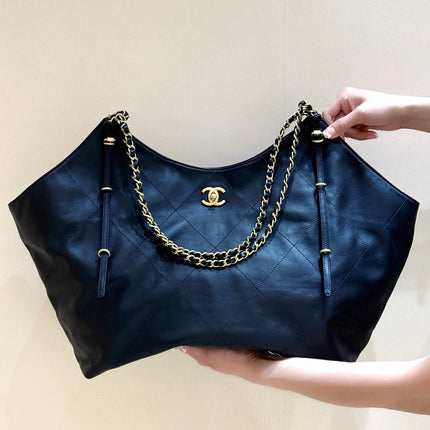 LARGE MAXI SHOPPING BAG 59 IN BLACK CALFSKIN GOLD-TONE METAL
